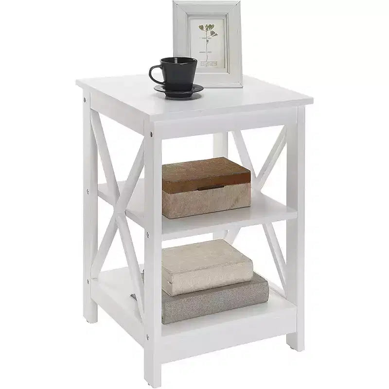 Table d'appoint HomeStock Belmont avec trois étagères ouvertes et côtés en X, table d'appoint de rangement transitoire pour la présentation et les essentiels de la maison