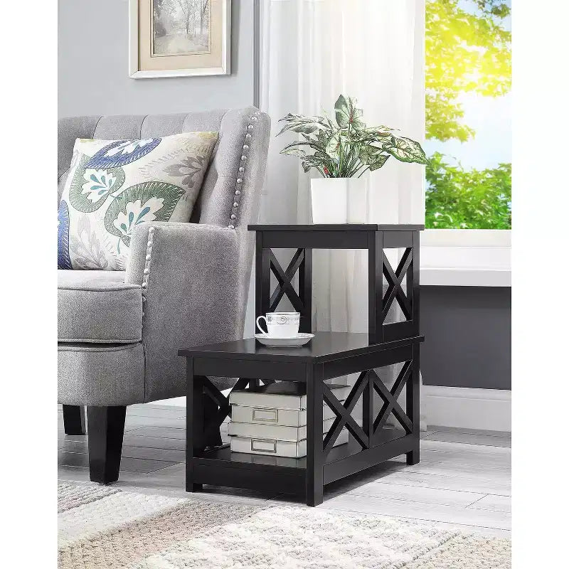 HomeStock Belmont 2 Step Chairside End Table with Contemporary L Shaped Frame, Three Tier Storage Shelves, Compact Accent Side Table for Homes