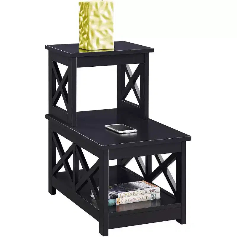 HomeStock Belmont – Table d'appoint 2 marches avec cadre contemporain en L, étagères de rangement à trois niveaux, table d'appoint compacte pour la maison
