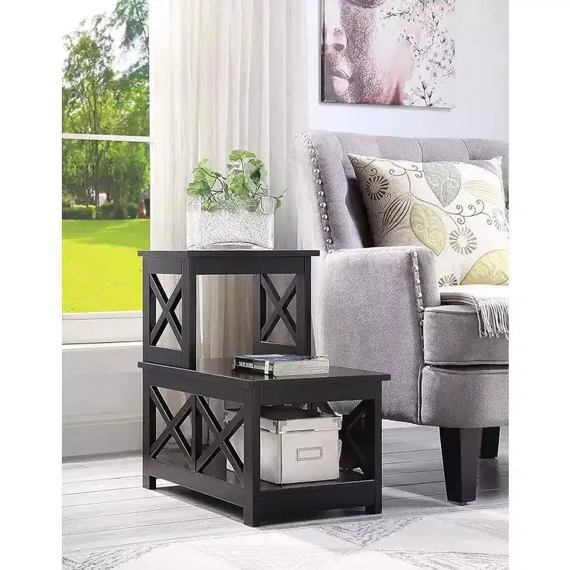HomeStock Belmont – Table d'appoint 2 marches avec cadre contemporain en L, étagères de rangement à trois niveaux, table d'appoint compacte pour la maison