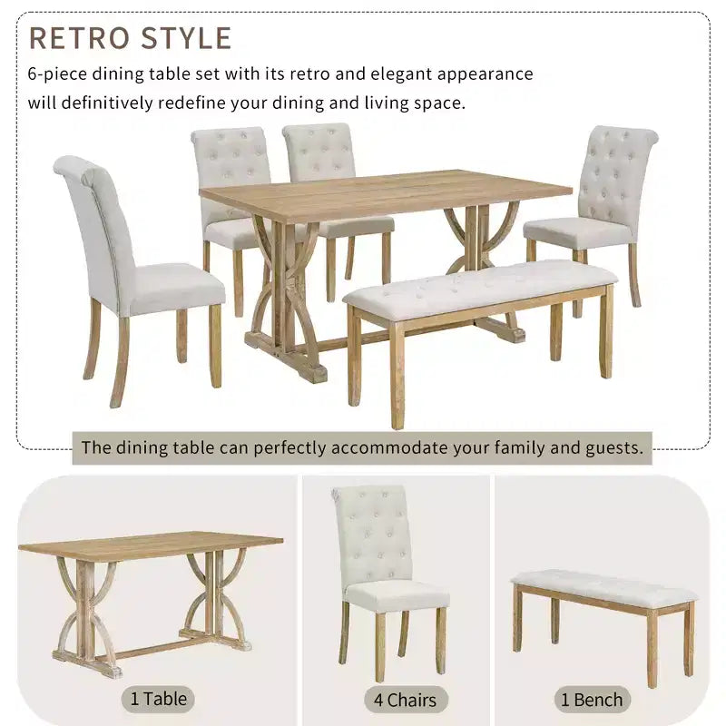 Ensemble de salle à manger GDFStudio Kent 6 pièces en bois massif avec chaises et banc rembourrés