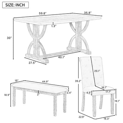 Ensemble de salle à manger GDFStudio Kent 6 pièces en bois massif avec chaises et banc rembourrés