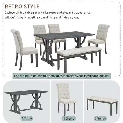 Ensemble de salle à manger GDFStudio Kent 6 pièces en bois massif avec chaises et banc rembourrés