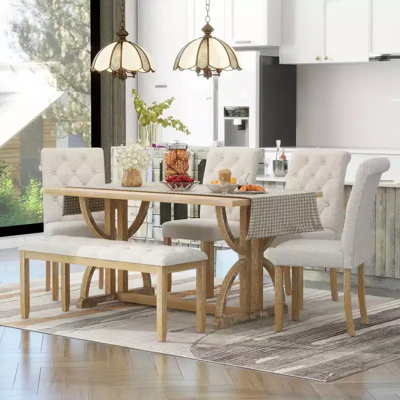 Ensemble de salle à manger GDFStudio Kent 6 pièces en bois massif avec chaises et banc rembourrés