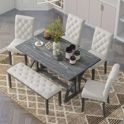 GDFStudio Kent 6 Piece Solid Wood Dining Table Set with Upholstered Chairs and Bench