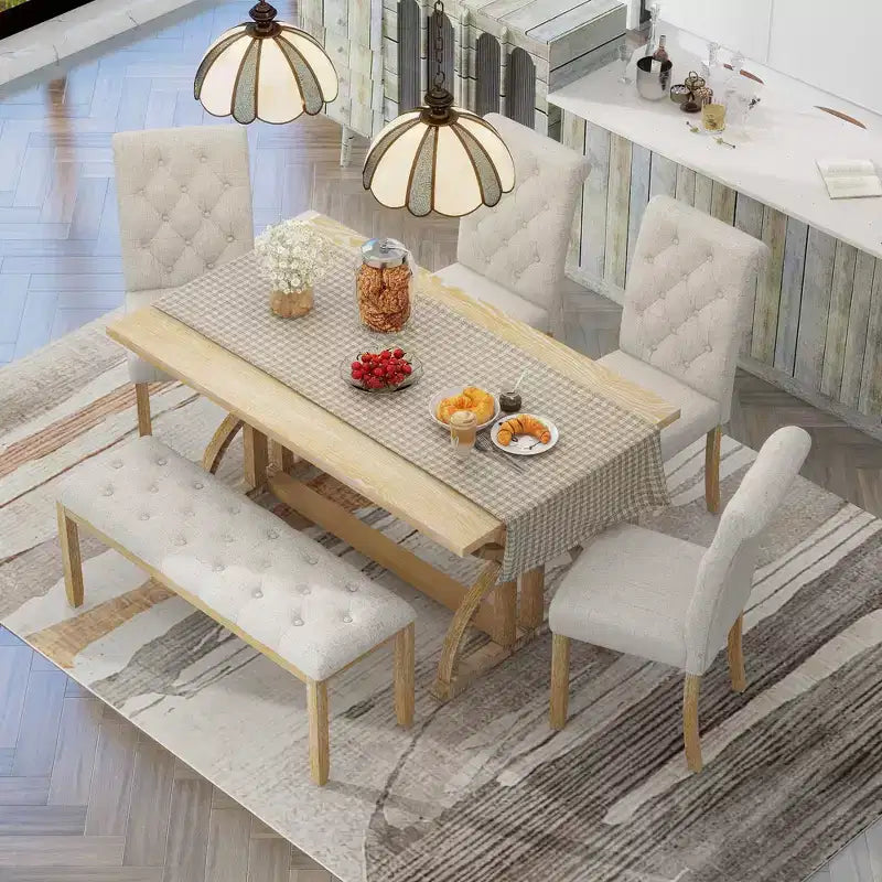 Ensemble de salle à manger GDFStudio Kent 6 pièces en bois massif avec chaises et banc rembourrés