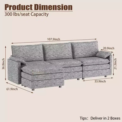 Canapé modulable 108 XL, sectionnel moderne en chenille à assise profonde, canapé en forme de L, canapé modulable pour 4 personnes avec pouf mobile