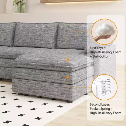 Canapé modulable 108 XL, sectionnel moderne en chenille à assise profonde, canapé en forme de L, canapé modulable pour 4 personnes avec pouf mobile
