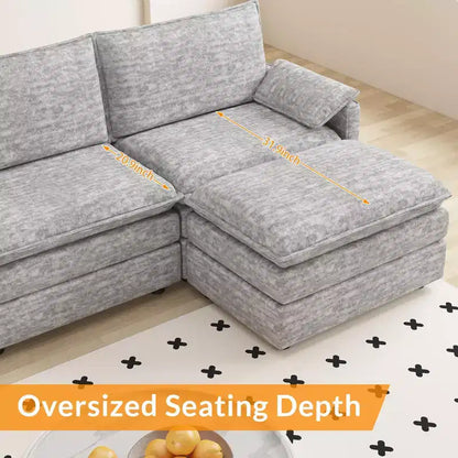 Canapé modulable 108 XL, sectionnel moderne en chenille à assise profonde, canapé en forme de L, canapé modulable pour 4 personnes avec pouf mobile