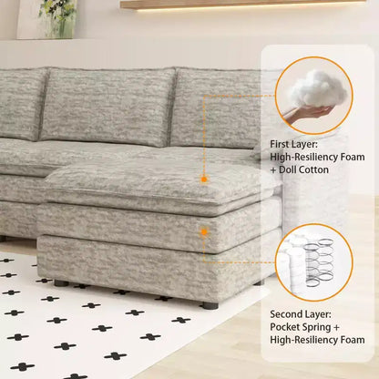 Canapé modulable 108 XL, sectionnel moderne en chenille à assise profonde, canapé en forme de L, canapé modulable pour 4 personnes avec pouf mobile