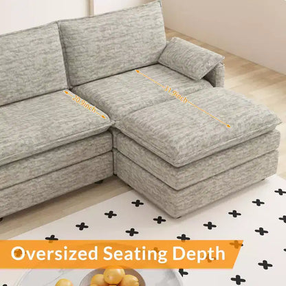 Canapé modulable 108 XL, sectionnel moderne en chenille à assise profonde, canapé en forme de L, canapé modulable pour 4 personnes avec pouf mobile