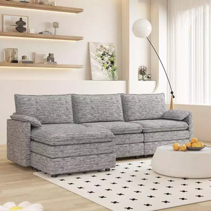 Canapé modulable 108 XL, sectionnel moderne en chenille à assise profonde, canapé en forme de L, canapé modulable pour 4 personnes avec pouf mobile