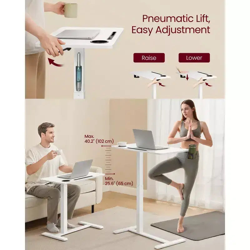 Table de lit mobile avec hauteur réglable, bureau roulant de 80 x 45 cm avec 2 porte-gobelets et fente pour appareil, Blanc Nuage