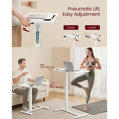 Table de lit mobile avec hauteur réglable, bureau roulant de 80 x 45 cm avec 2 porte-gobelets et fente pour appareil, Blanc Nuage