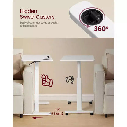 Table de lit mobile avec hauteur réglable, bureau roulant de 80 x 45 cm avec 2 porte-gobelets et fente pour appareil, Blanc Nuage
