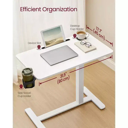 Table de lit mobile avec hauteur réglable, bureau roulant de 80 x 45 cm avec 2 porte-gobelets et fente pour appareil, Blanc Nuage