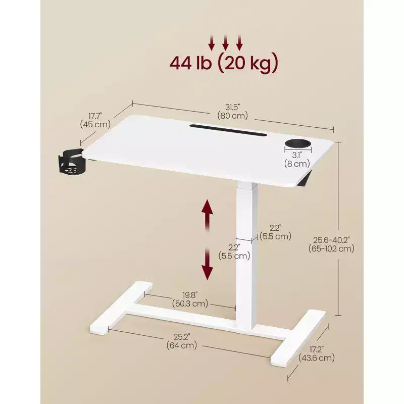 Table de lit mobile avec hauteur réglable, bureau roulant de 80 x 45 cm avec 2 porte-gobelets et fente pour appareil, Blanc Nuage