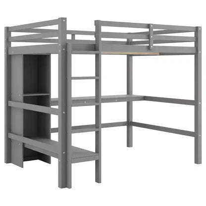 Lit mezzanine double en bois avec bureau, cadre de lit mezzanine haut avec étagères de rangement