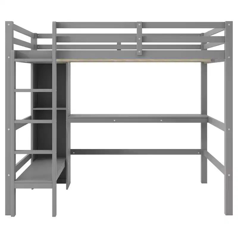 Lit mezzanine double en bois avec bureau, cadre de lit mezzanine haut avec étagères de rangement