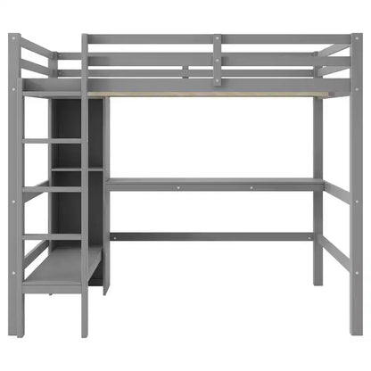 Lit mezzanine double en bois avec bureau, cadre de lit mezzanine haut avec étagères de rangement
