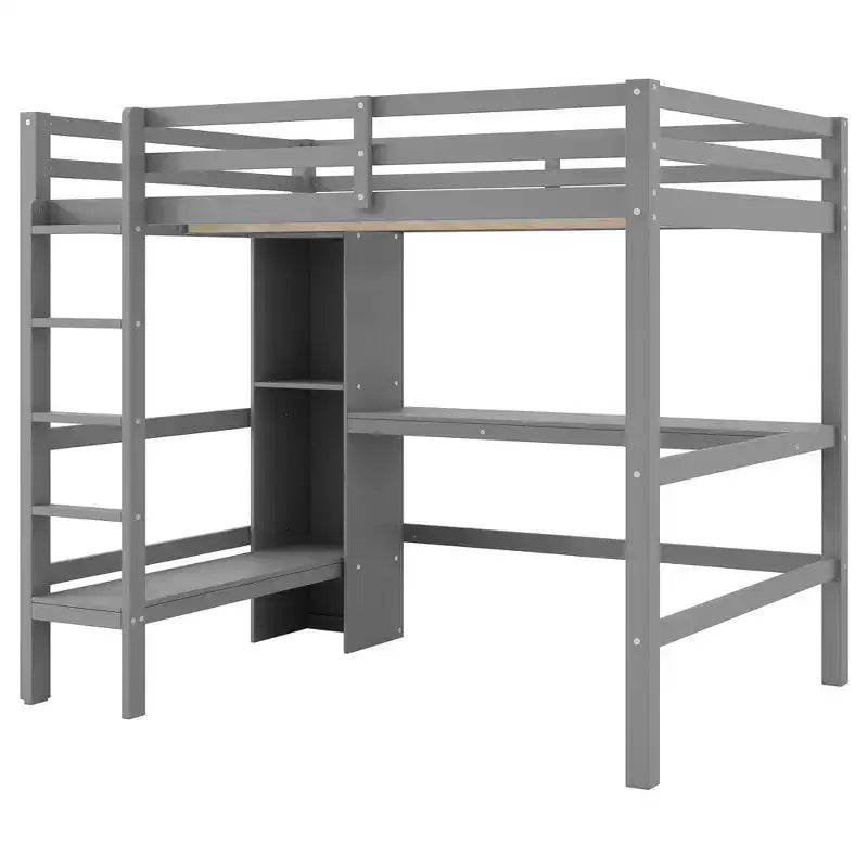 Lit mezzanine double en bois avec bureau, cadre de lit mezzanine haut avec étagères de rangement