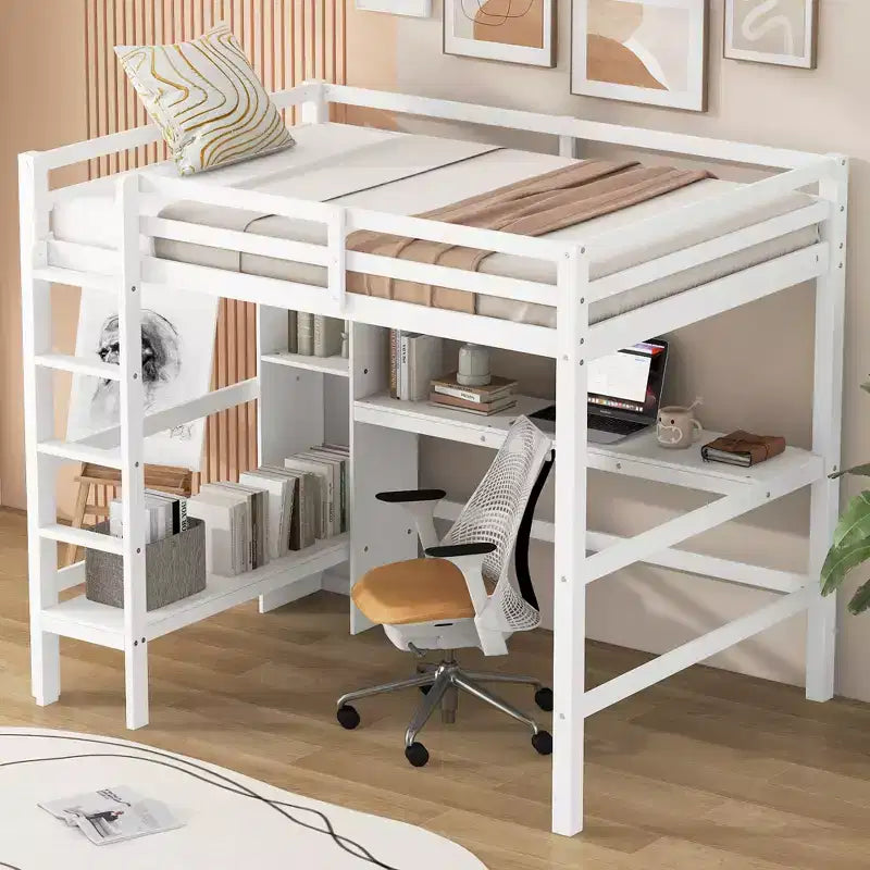 Lit mezzanine double en bois avec bureau, cadre de lit mezzanine haut avec étagères de rangement