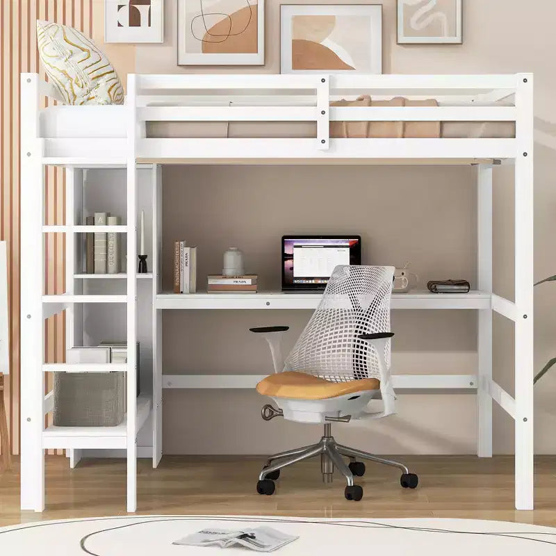 Lit mezzanine double en bois avec bureau, cadre de lit mezzanine haut avec étagères de rangement