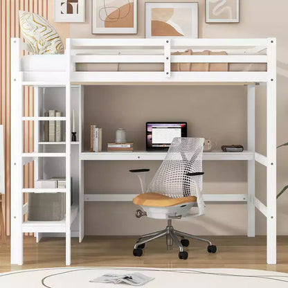 Lit mezzanine double en bois avec bureau, cadre de lit mezzanine haut avec étagères de rangement