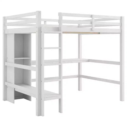 Lit mezzanine double en bois avec bureau, cadre de lit mezzanine haut avec étagères de rangement