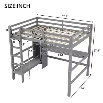 Lit mezzanine double en bois avec bureau, cadre de lit mezzanine haut avec étagères de rangement