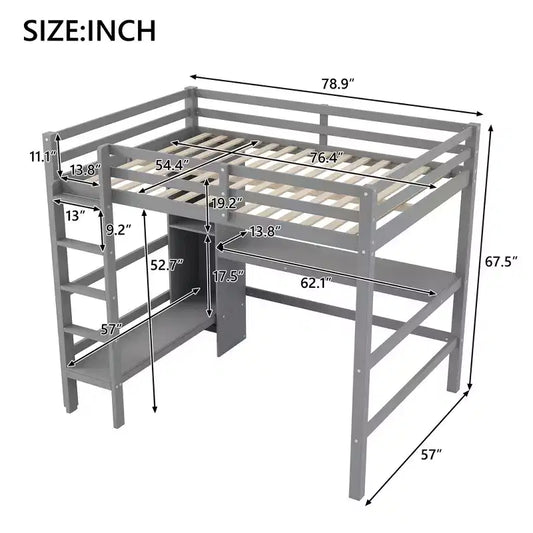 Lit mezzanine double en bois avec bureau, cadre de lit mezzanine haut avec étagères de rangement