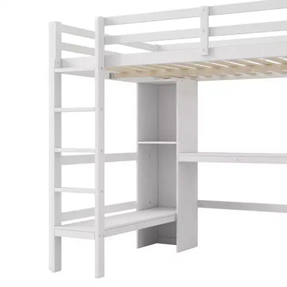 Lit mezzanine double en bois avec bureau, cadre de lit mezzanine haut avec étagères de rangement