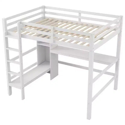 Lit mezzanine double en bois avec bureau, cadre de lit mezzanine haut avec étagères de rangement