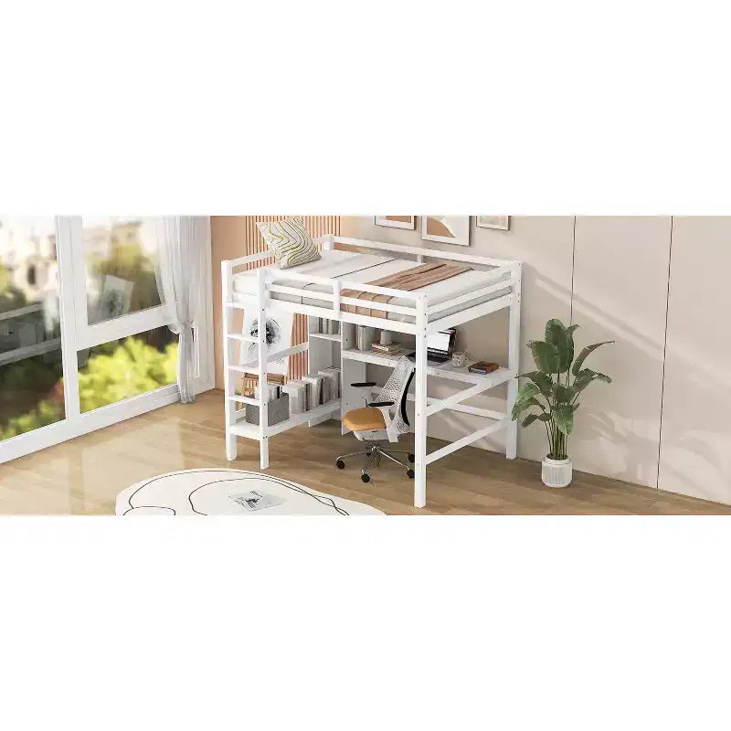 Lit mezzanine double en bois avec bureau, cadre de lit mezzanine haut avec étagères de rangement