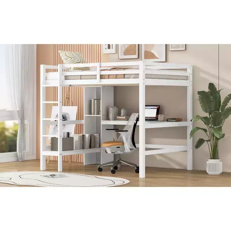Lit mezzanine double en bois avec bureau, cadre de lit mezzanine haut avec étagères de rangement