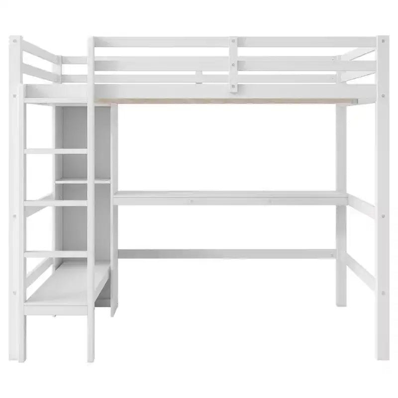 Lit mezzanine double en bois avec bureau, cadre de lit mezzanine haut avec étagères de rangement