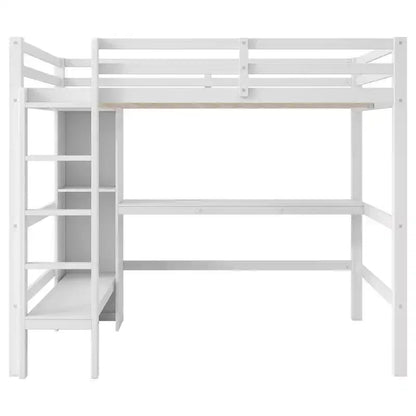 Lit mezzanine double en bois avec bureau, cadre de lit mezzanine haut avec étagères de rangement