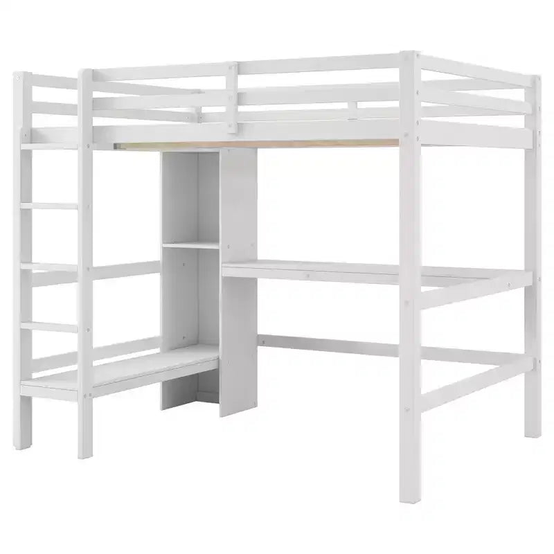 Lit mezzanine double en bois avec bureau, cadre de lit mezzanine haut avec étagères de rangement