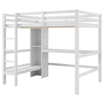 Lit mezzanine double en bois avec bureau, cadre de lit mezzanine haut avec étagères de rangement