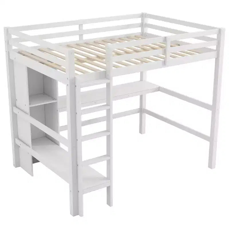 Lit mezzanine double en bois avec bureau, cadre de lit mezzanine haut avec étagères de rangement