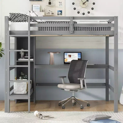 Lit mezzanine double en bois avec bureau, cadre de lit mezzanine haut avec étagères de rangement