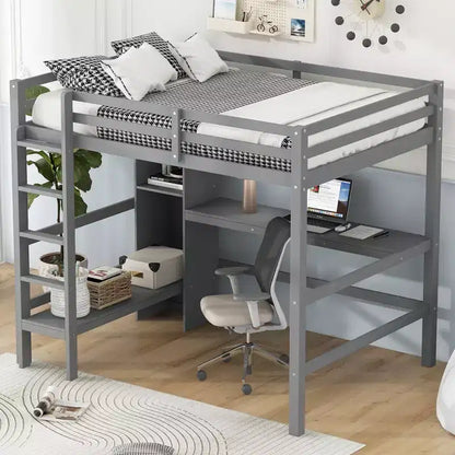 Lit mezzanine double en bois avec bureau, cadre de lit mezzanine haut avec étagères de rangement