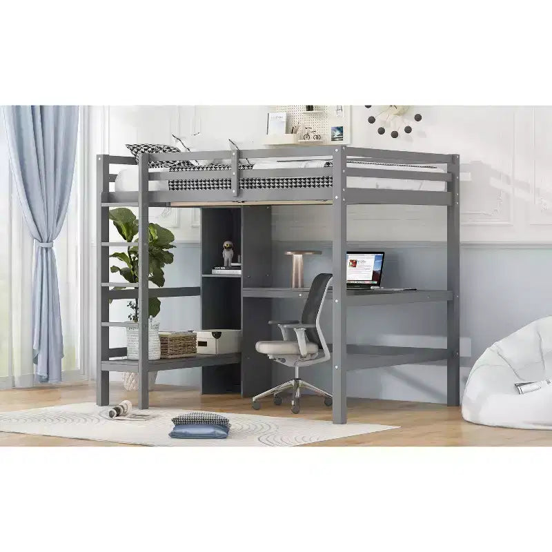 Lit mezzanine double en bois avec bureau, cadre de lit mezzanine haut avec étagères de rangement