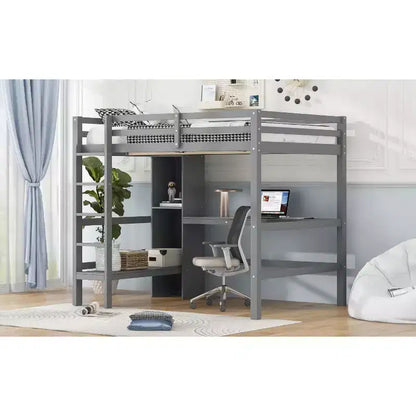 Lit mezzanine double en bois avec bureau, cadre de lit mezzanine haut avec étagères de rangement