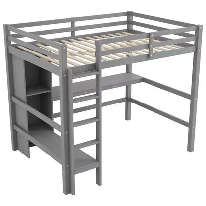 Lit mezzanine double en bois avec bureau, cadre de lit mezzanine haut avec étagères de rangement