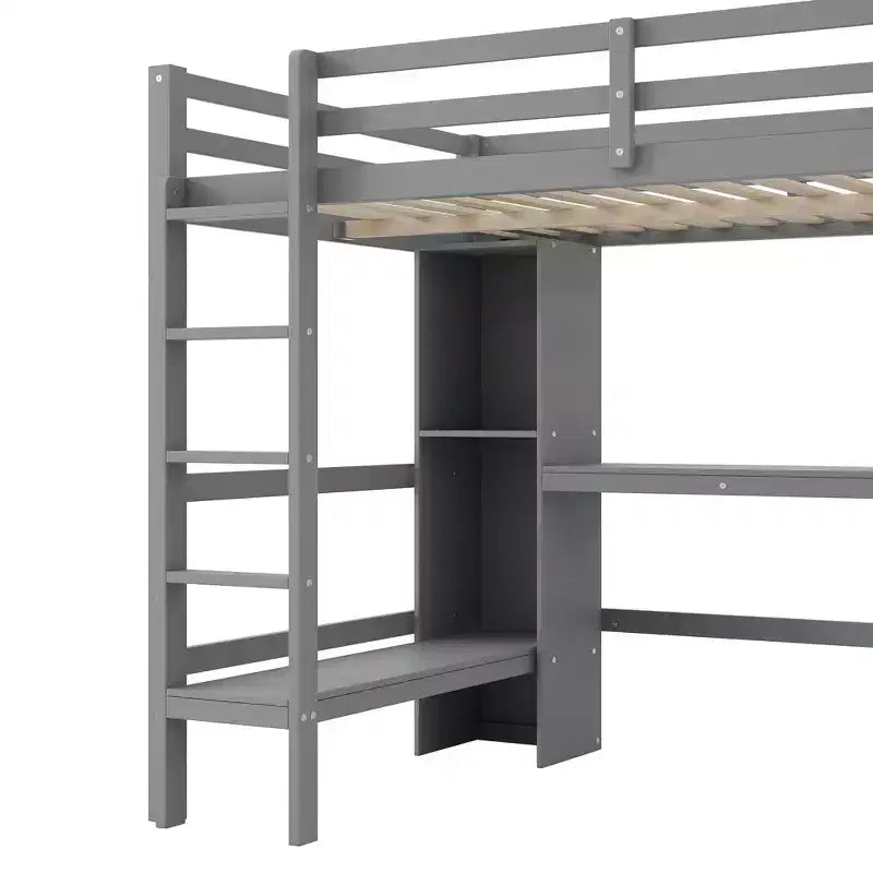 Lit mezzanine double en bois avec bureau, cadre de lit mezzanine haut avec étagères de rangement