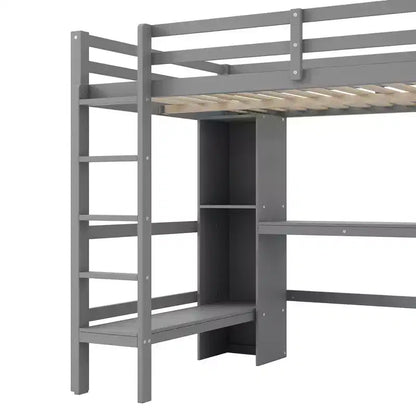 Lit mezzanine double en bois avec bureau, cadre de lit mezzanine haut avec étagères de rangement