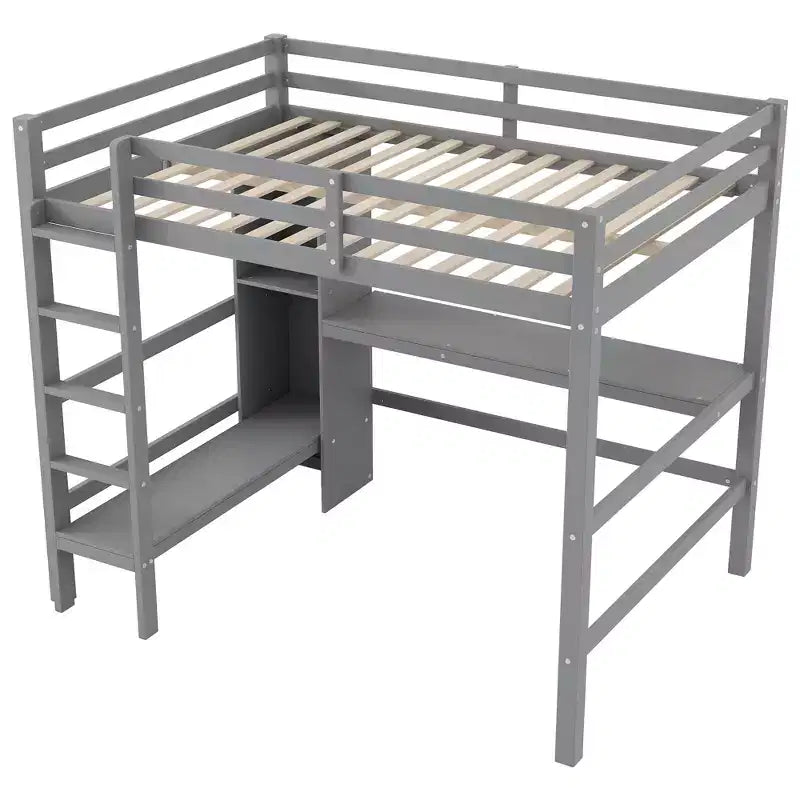Lit mezzanine double en bois avec bureau, cadre de lit mezzanine haut avec étagères de rangement