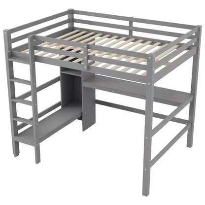 Lit mezzanine double en bois avec bureau, cadre de lit mezzanine haut avec étagères de rangement