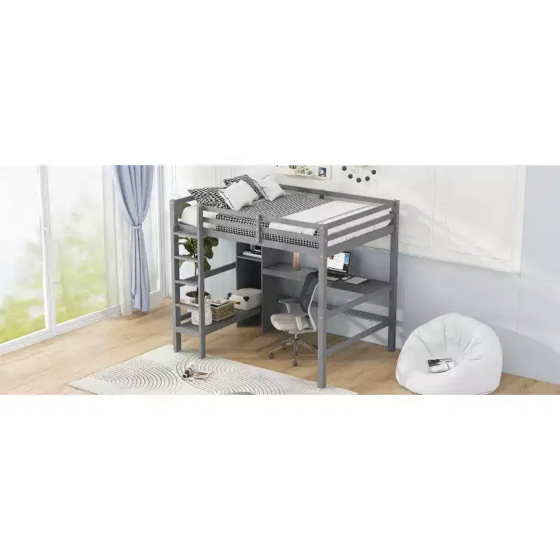Lit mezzanine double en bois avec bureau, cadre de lit mezzanine haut avec étagères de rangement